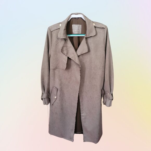 LOVE FOR HUMANITY Couture Microsuede Open Front Trench Coat Women's L NWT - Picture 2 of 9